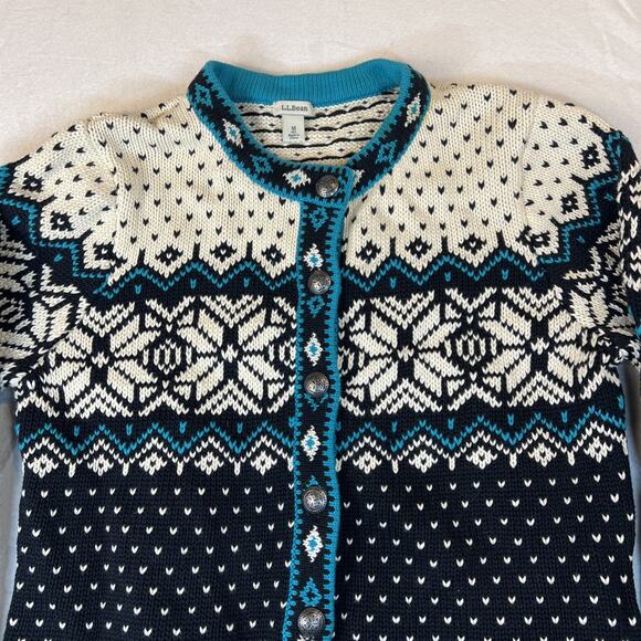 L.L. Bean Nordic Sweater Black Teal Cardigan Button Up Medium Cotton VTG Cabin - Picture 2 of 10
